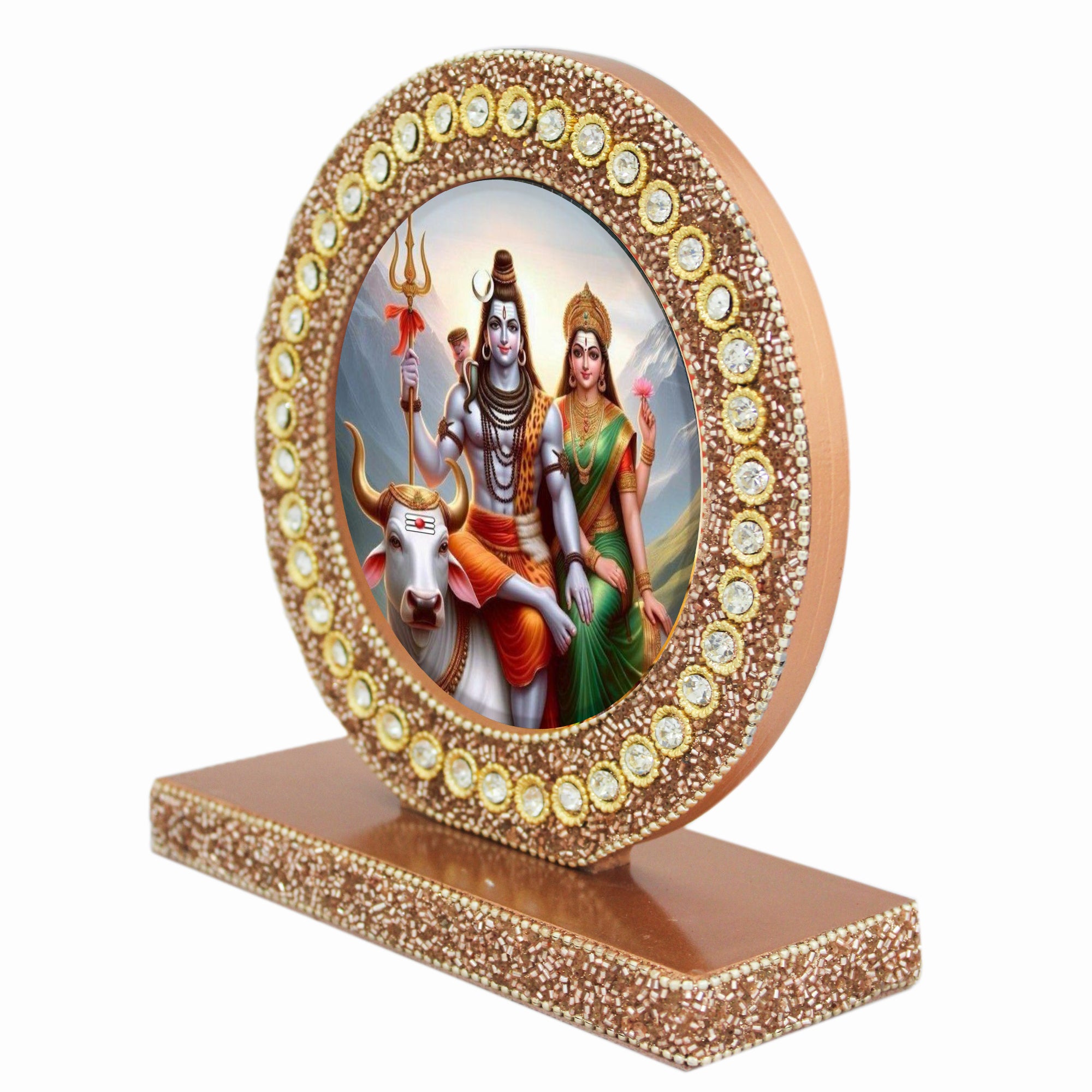 Beaded Lord Shiva & Parvati Ji Photo Frame for Blessings (Picture Size: 4.5 Inch Dia.)-TH-5697