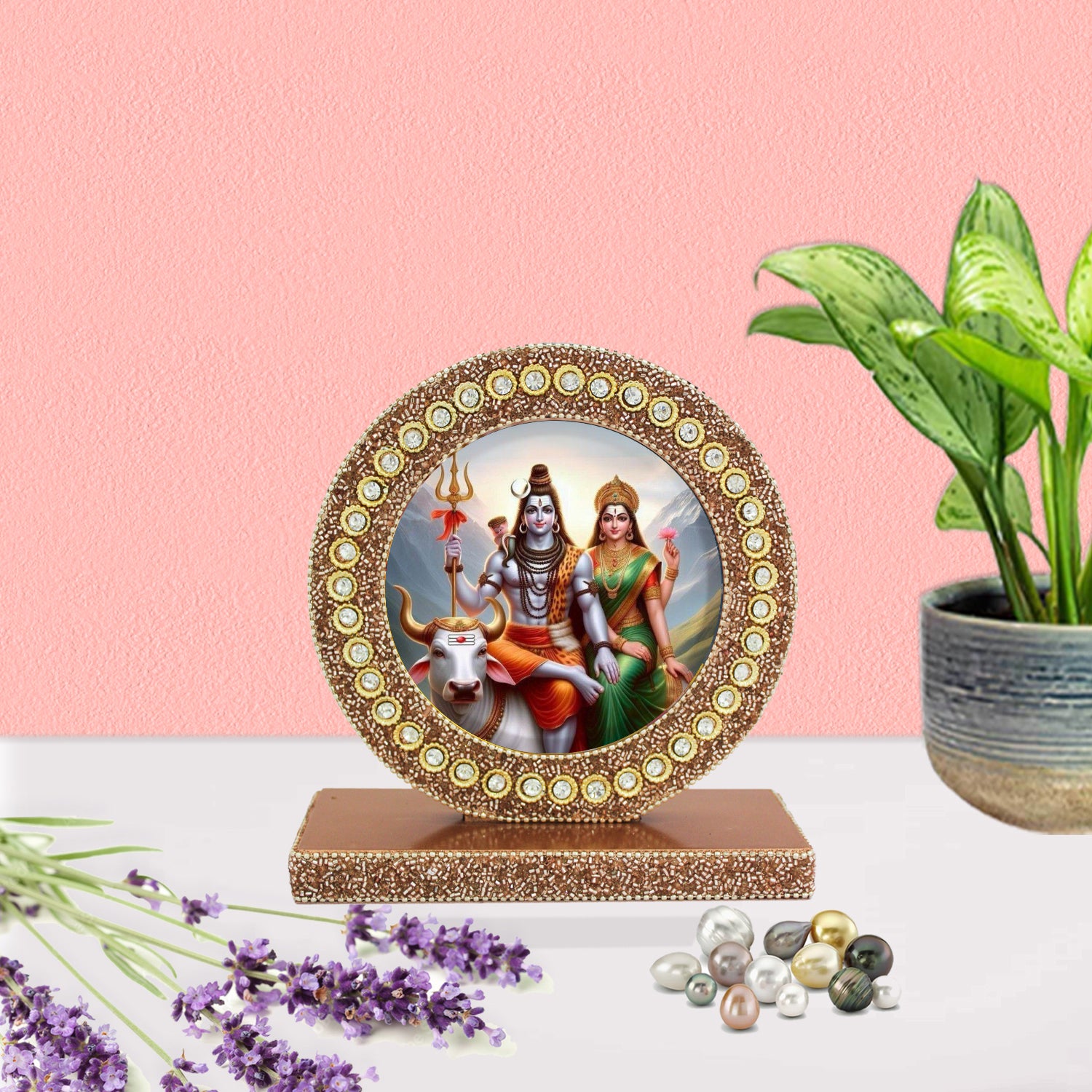 Beaded Lord Shiva & Parvati Ji Photo Frame for Blessings (Picture Size: 4.5 Inch Dia.)-TH-5697