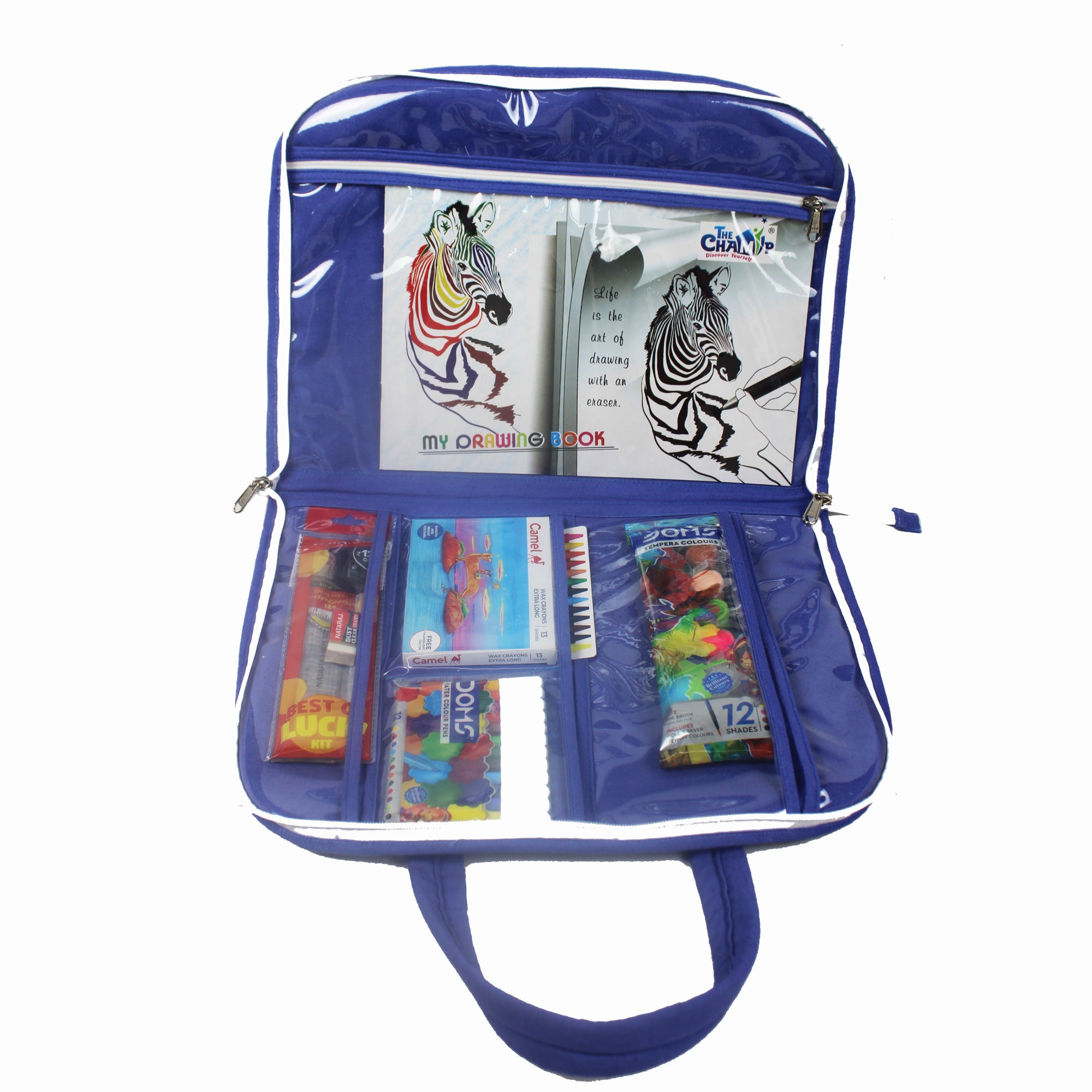 Digital Printed Fabric Blue Strip Design Art Bags with Stationery Kit for Kids