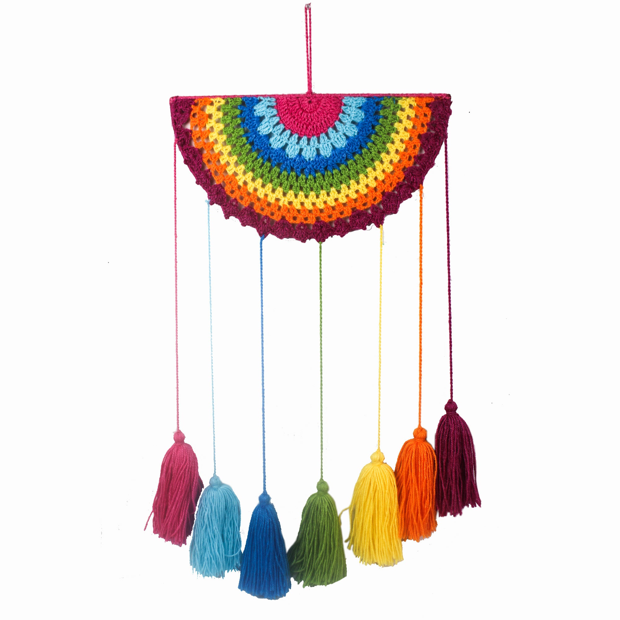 Handmade Crochet Rainbow Kids Wall Decor with Colorful Tassels