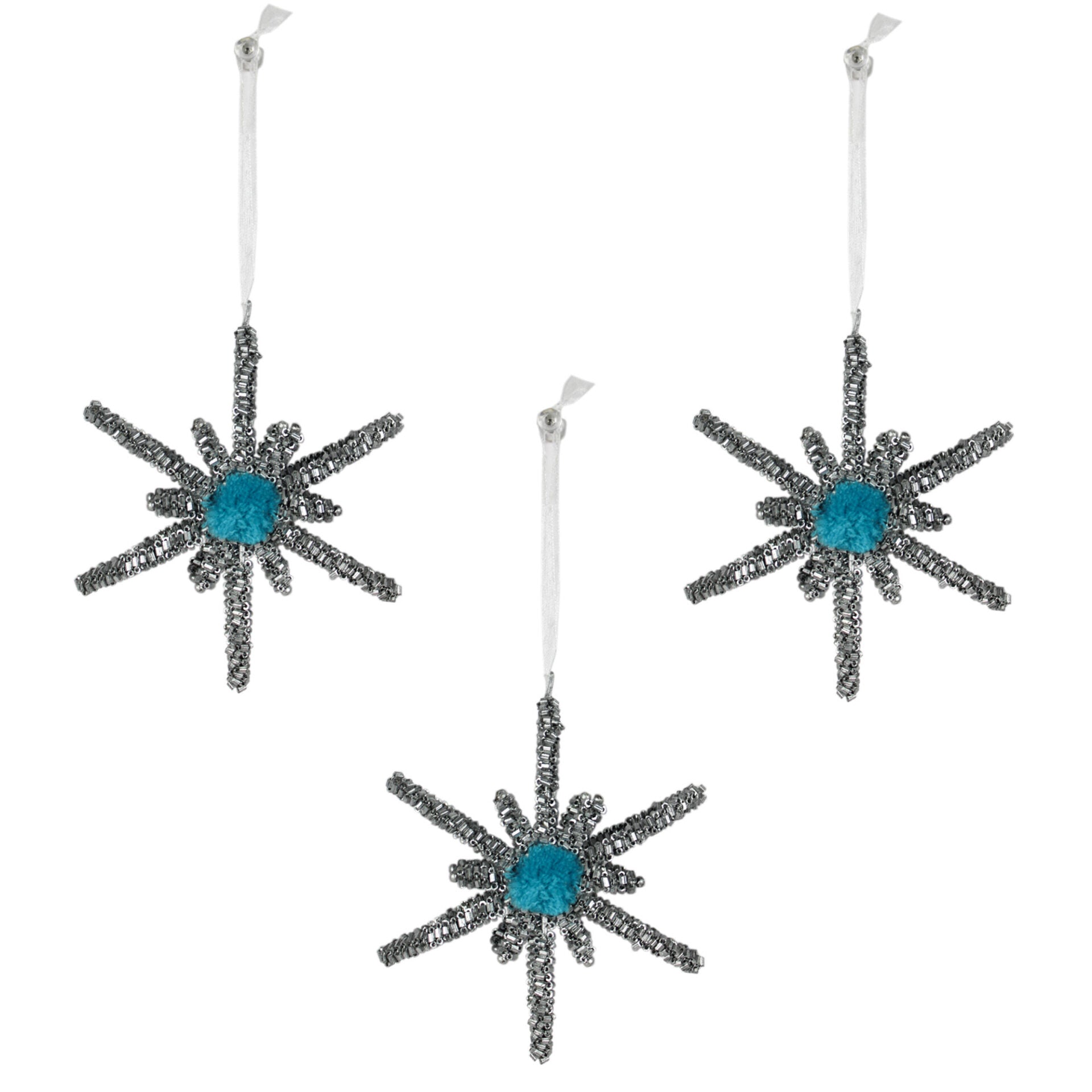 Set of 3 Silver Beaded Snowflake Shaped Christmas Ornaments