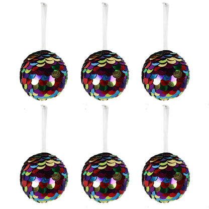 Set of 6 Multicolor Sequins Work Christmas Hanging Balls