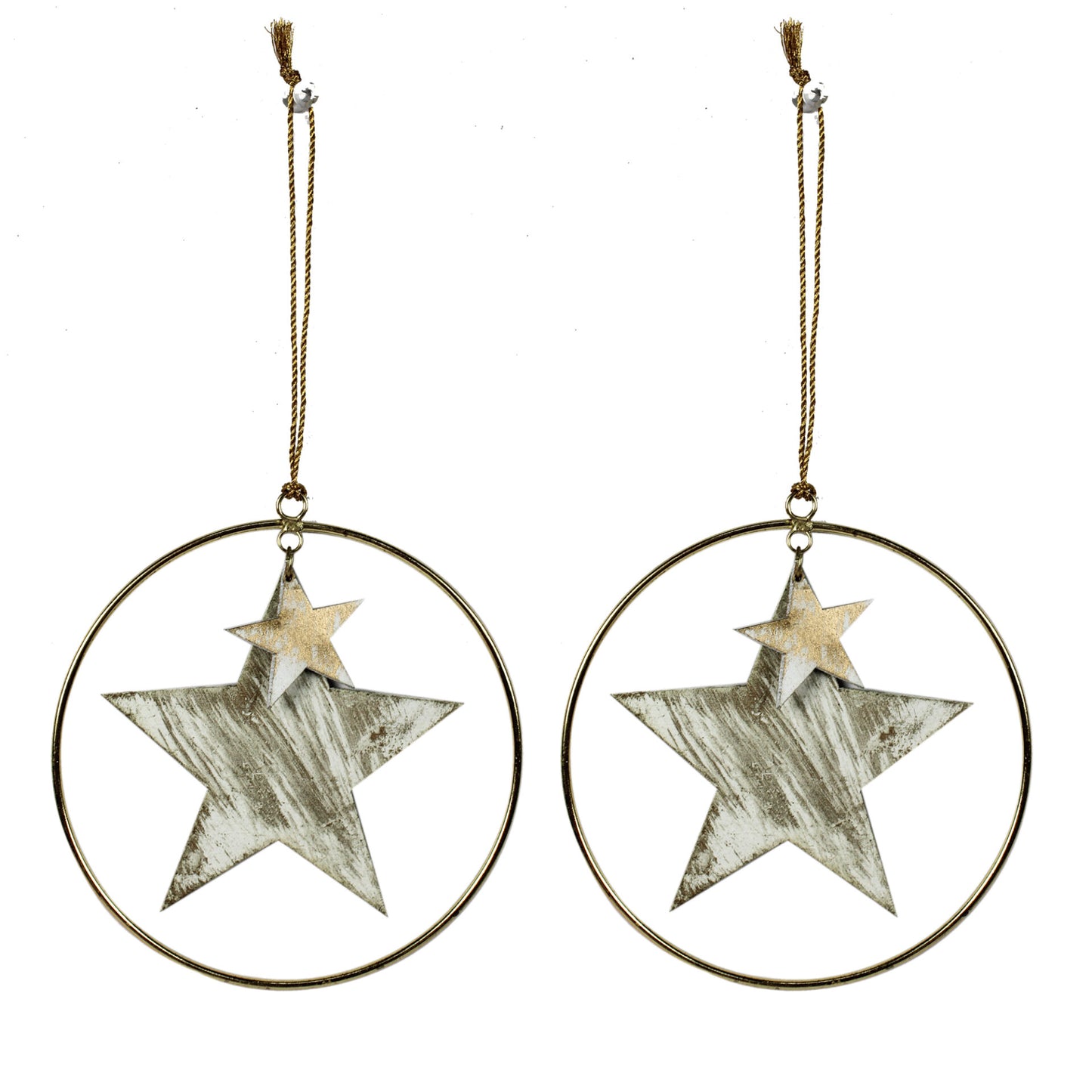 Set of 2 Wooden Star with Round Metal Ring Christmas Hanging Ornaments