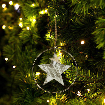 Set of 2 Wooden Star with Round Metal Ring Christmas Hanging Ornaments