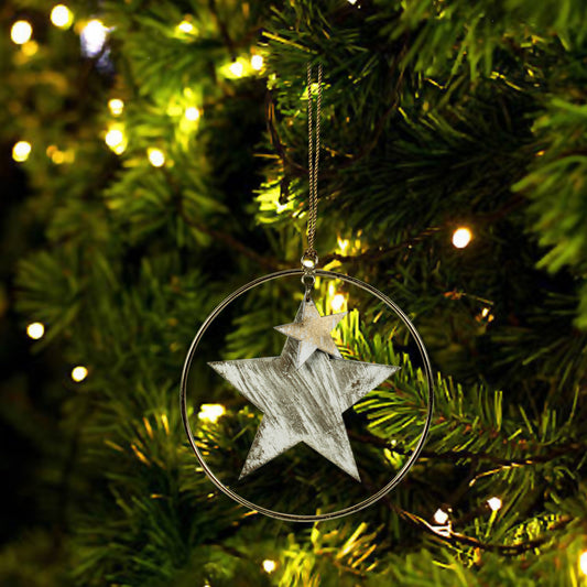 Set of 2 Wooden Star with Round Metal Ring Christmas Hanging Ornaments