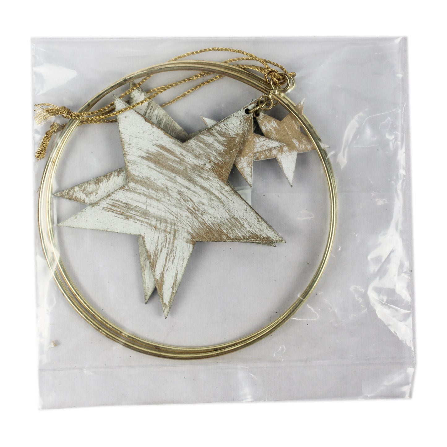 Set of 2 Wooden Star with Round Metal Ring Christmas Hanging Ornaments