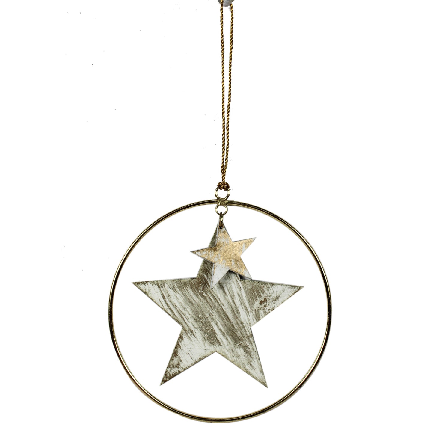 Set of 2 Wooden Star with Round Metal Ring Christmas Hanging Ornaments