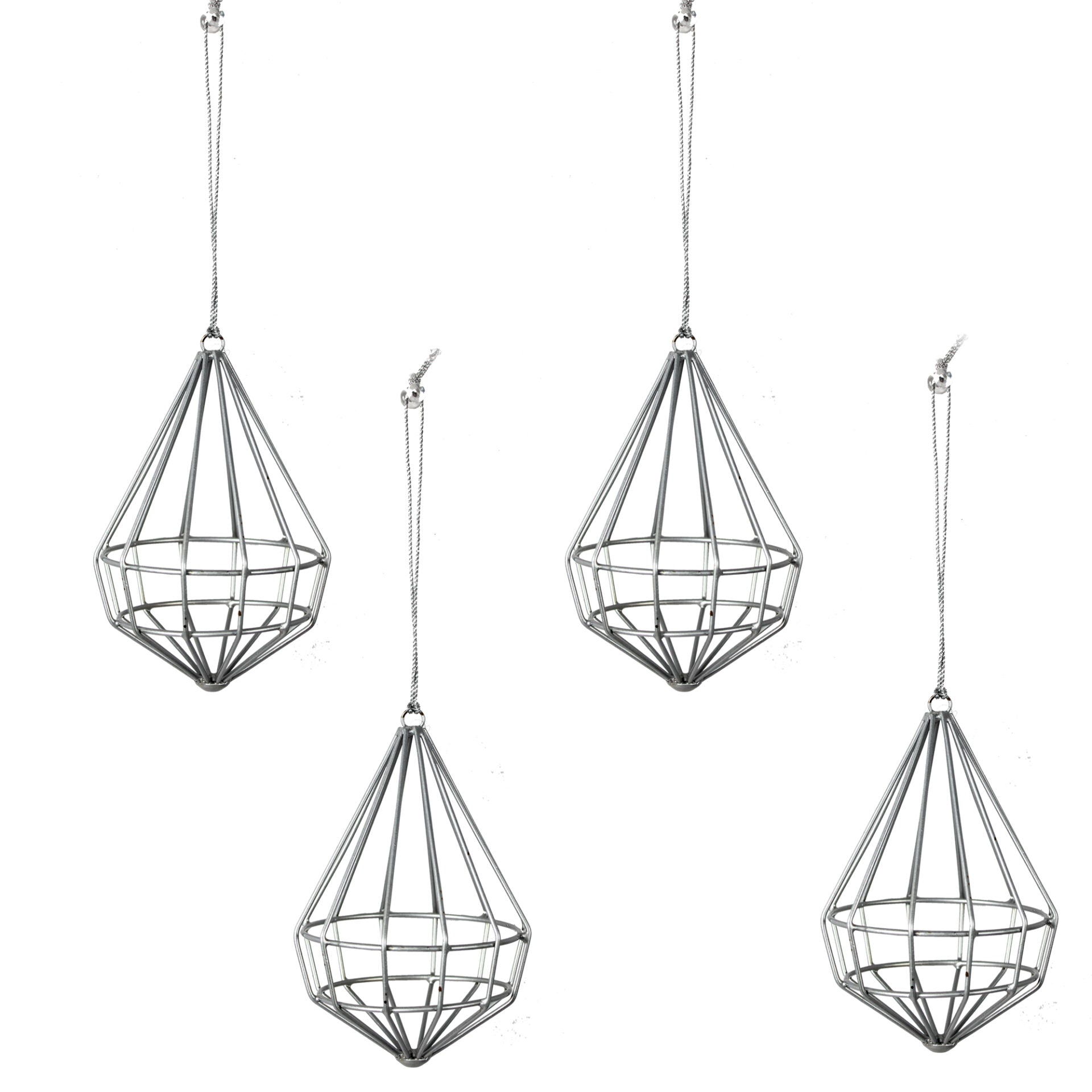  Set of 4 Silver Color Metal Diamond Shaped Ornaments 