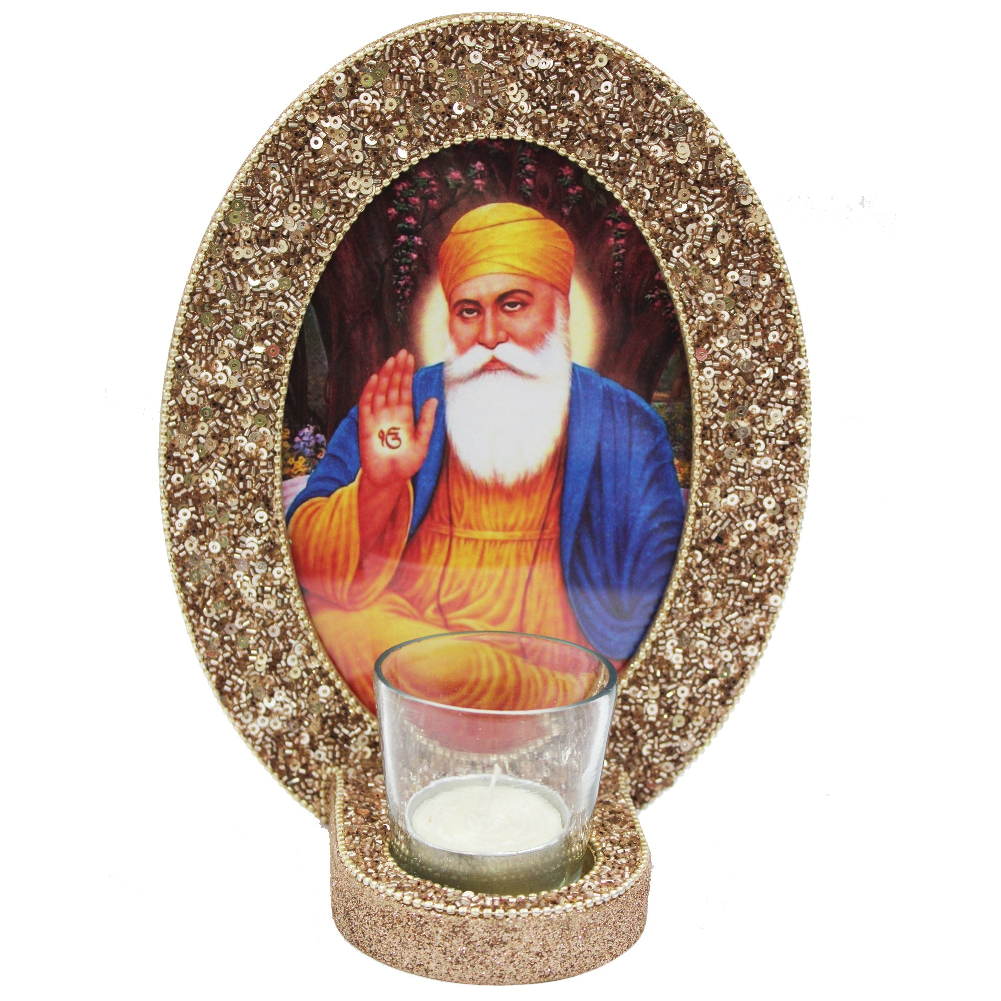 Guru Nanak Dev ji Golden Photo Frame Table Top with T-Light