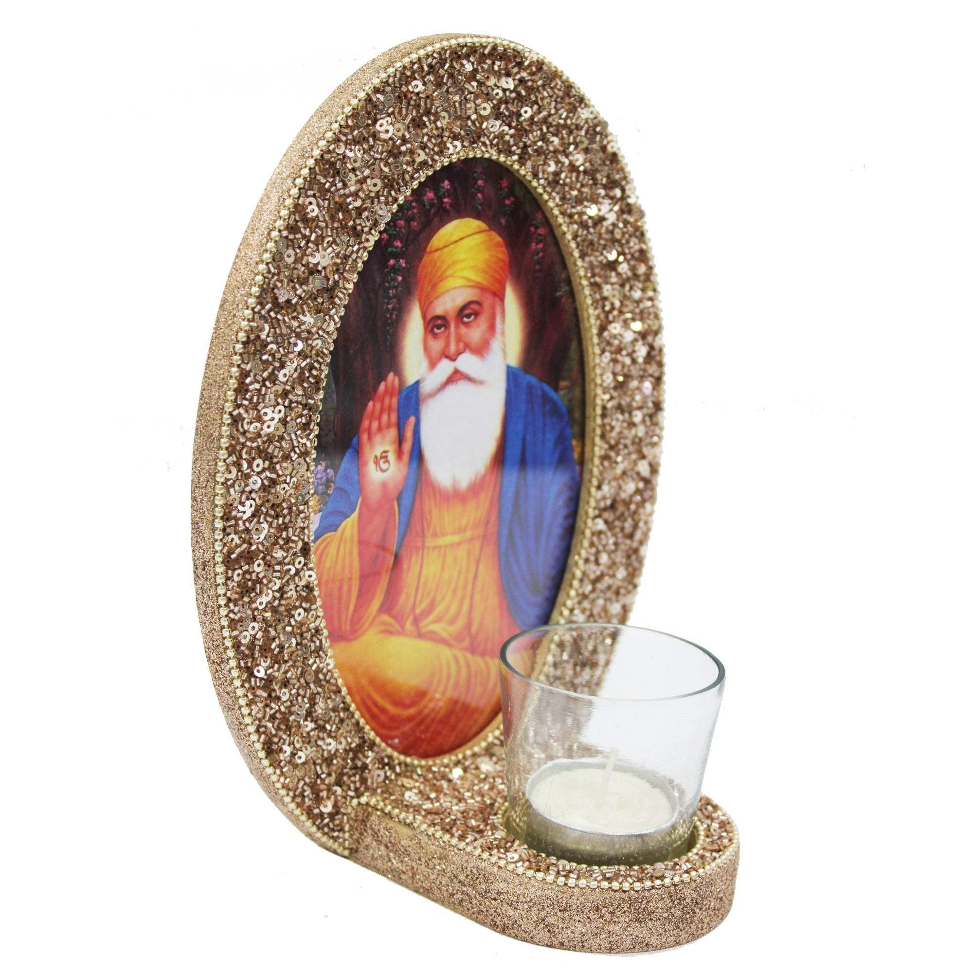 Guru Nanak Dev ji Golden Photo Frame Table Top with T-Light