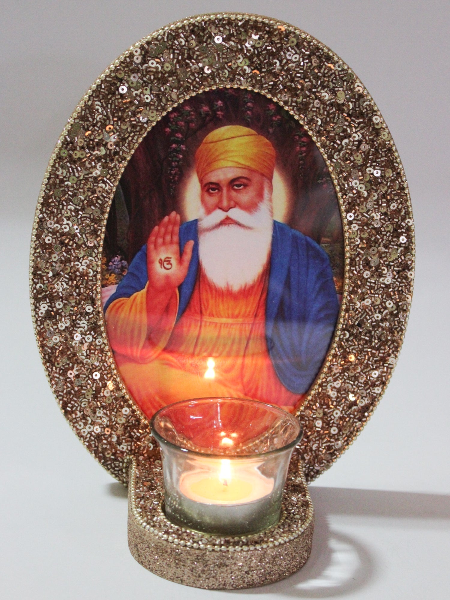 Guru Nanak Dev ji Golden Photo Frame Table Top with T-Light