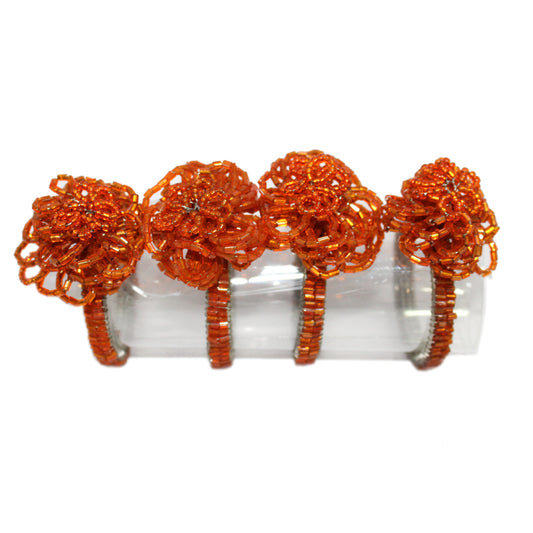 Flower Shaped Orange Beaded Napkin Rings for Dining Table(Set of 4)