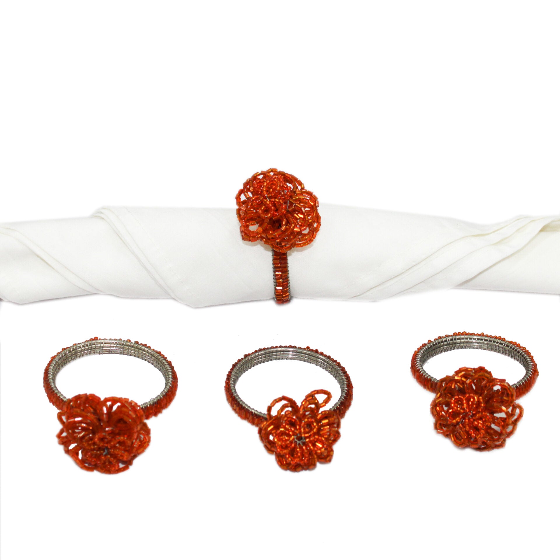 Flower Shaped Orange Beaded Napkin Rings for Dining Table Set of Four