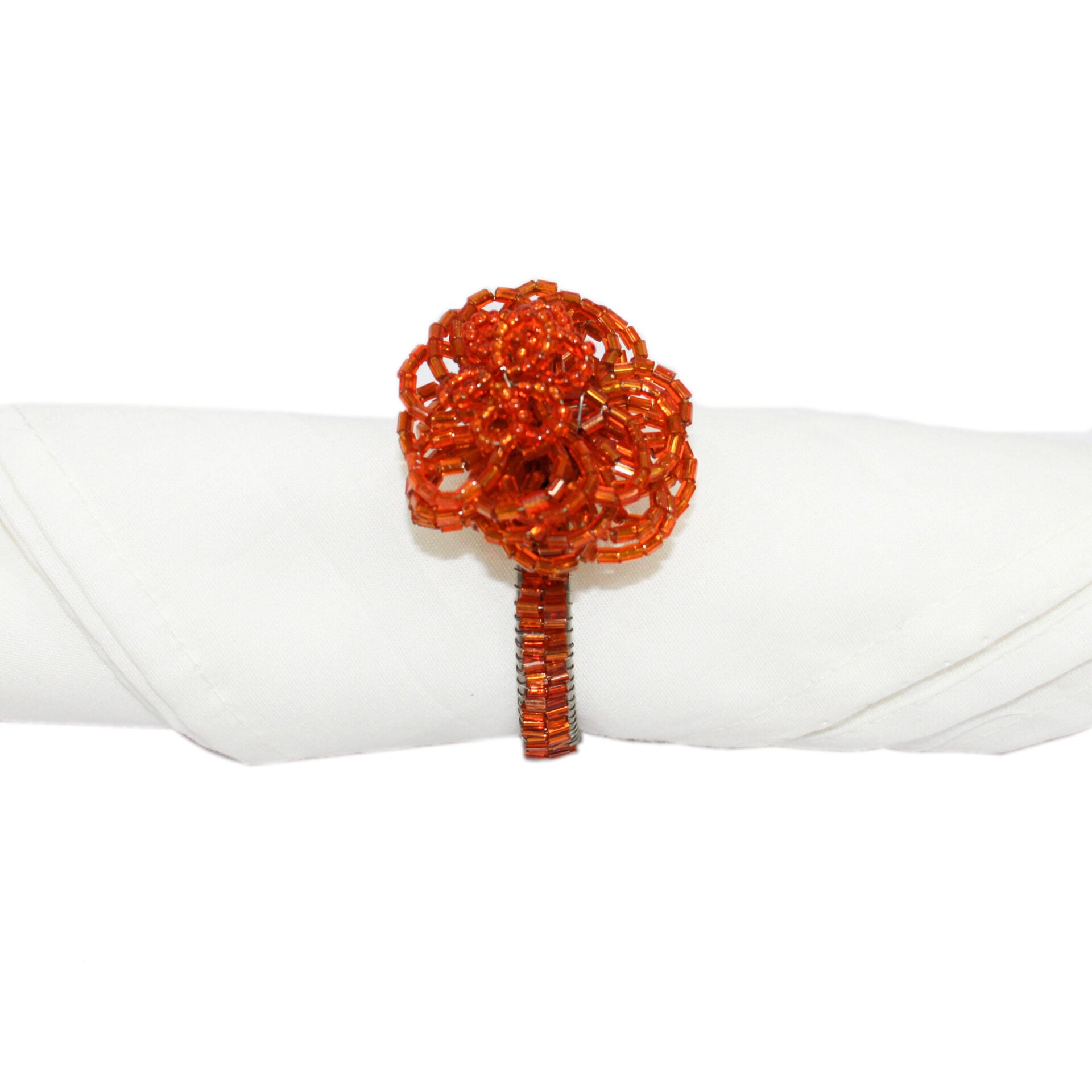 Flower Shaped Orange Beaded Napkin Rings for Dining Table Set of Four