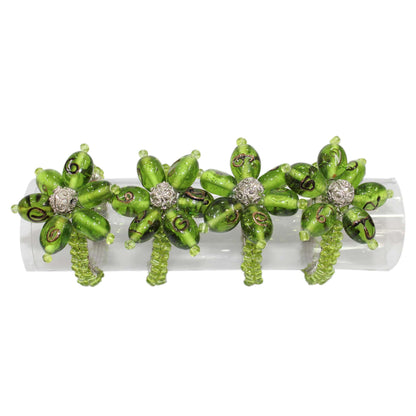 Flower Shaped Green Beaded Napkin Rings for Dining Table(Set of 4)