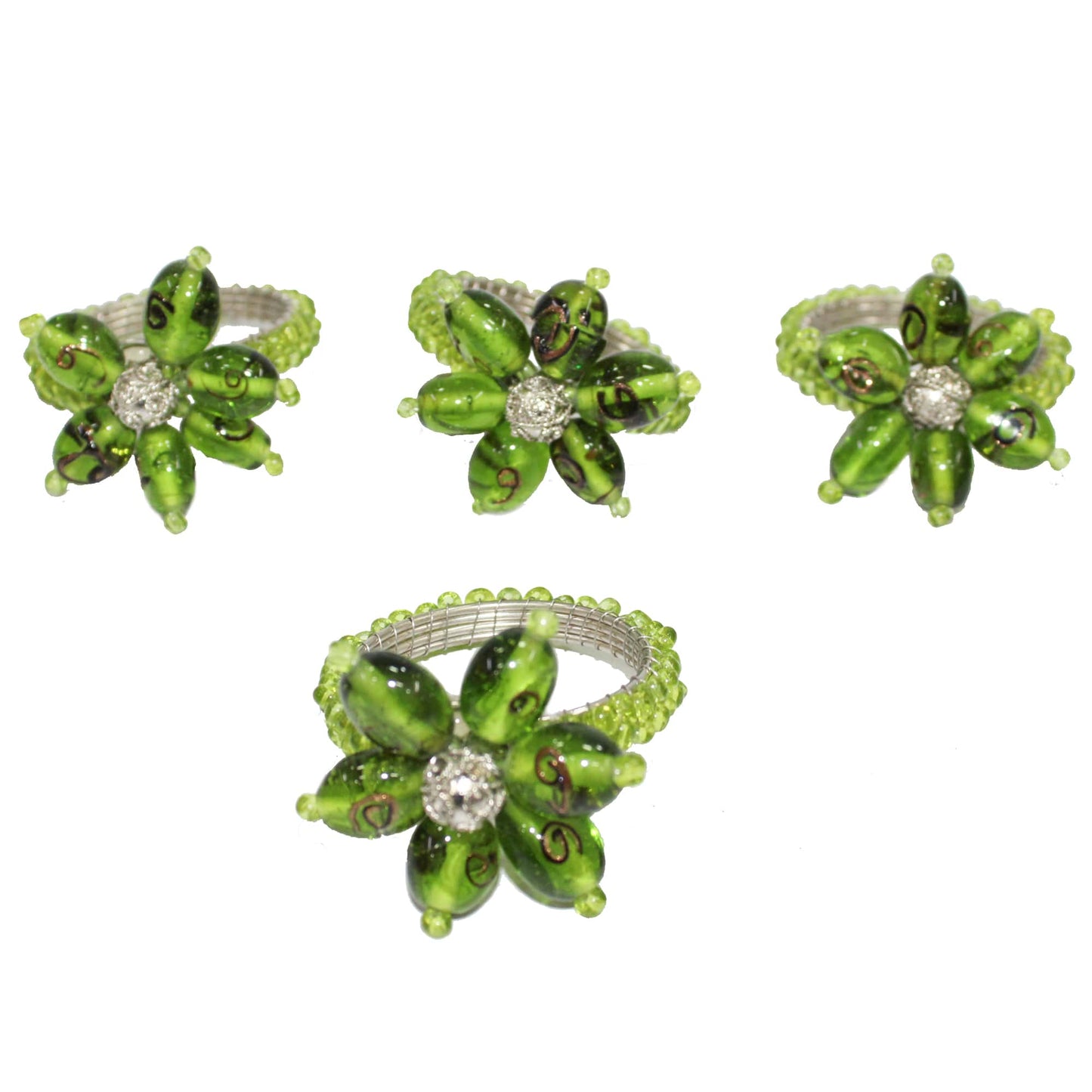 Flower Shaped Green Beaded Napkin Rings for Dining Table(Set of 4)