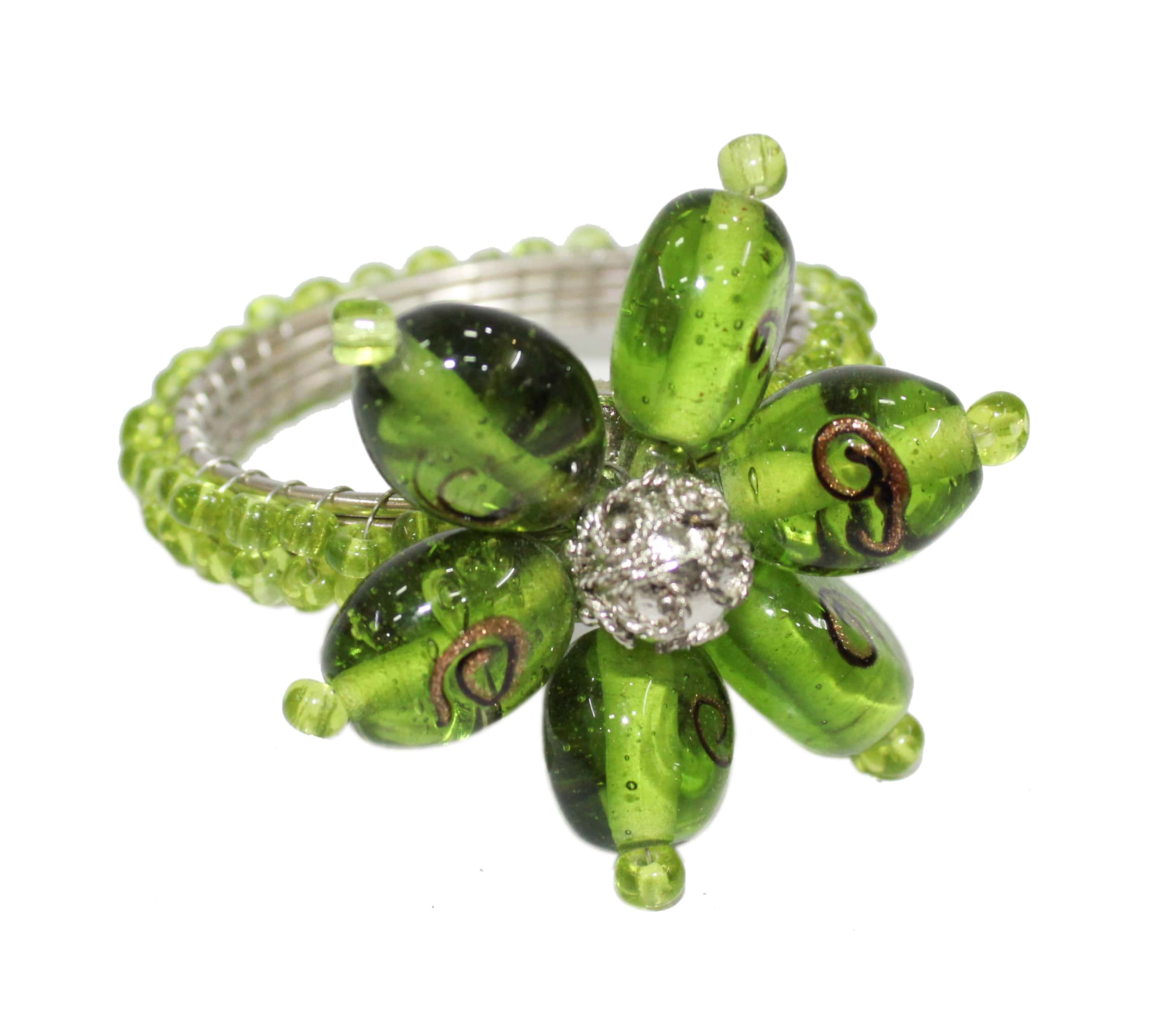 Flower Shaped Green Beaded Napkin Ring Set of Four