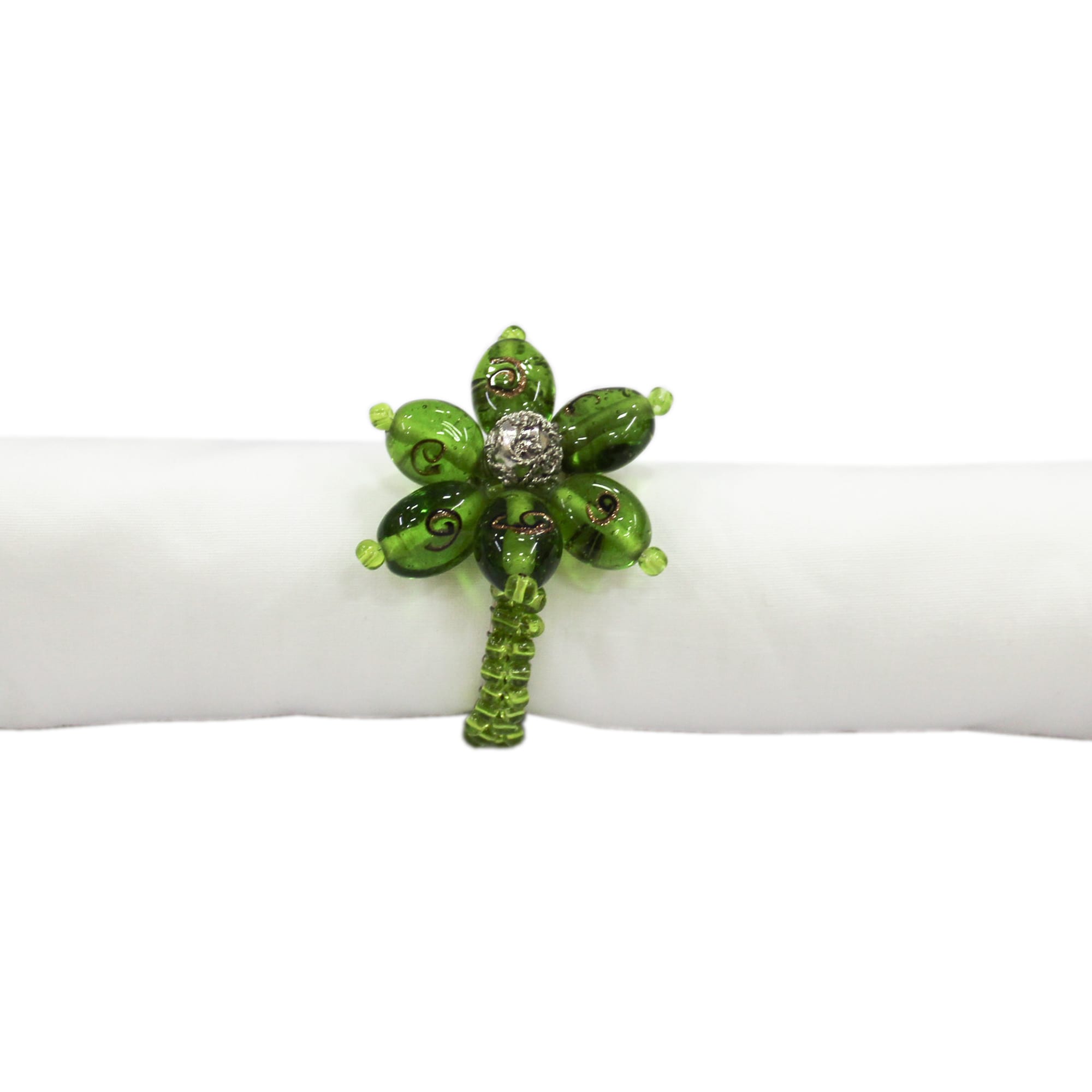 Flower Shaped Green Beaded Napkin Ring Set of Four