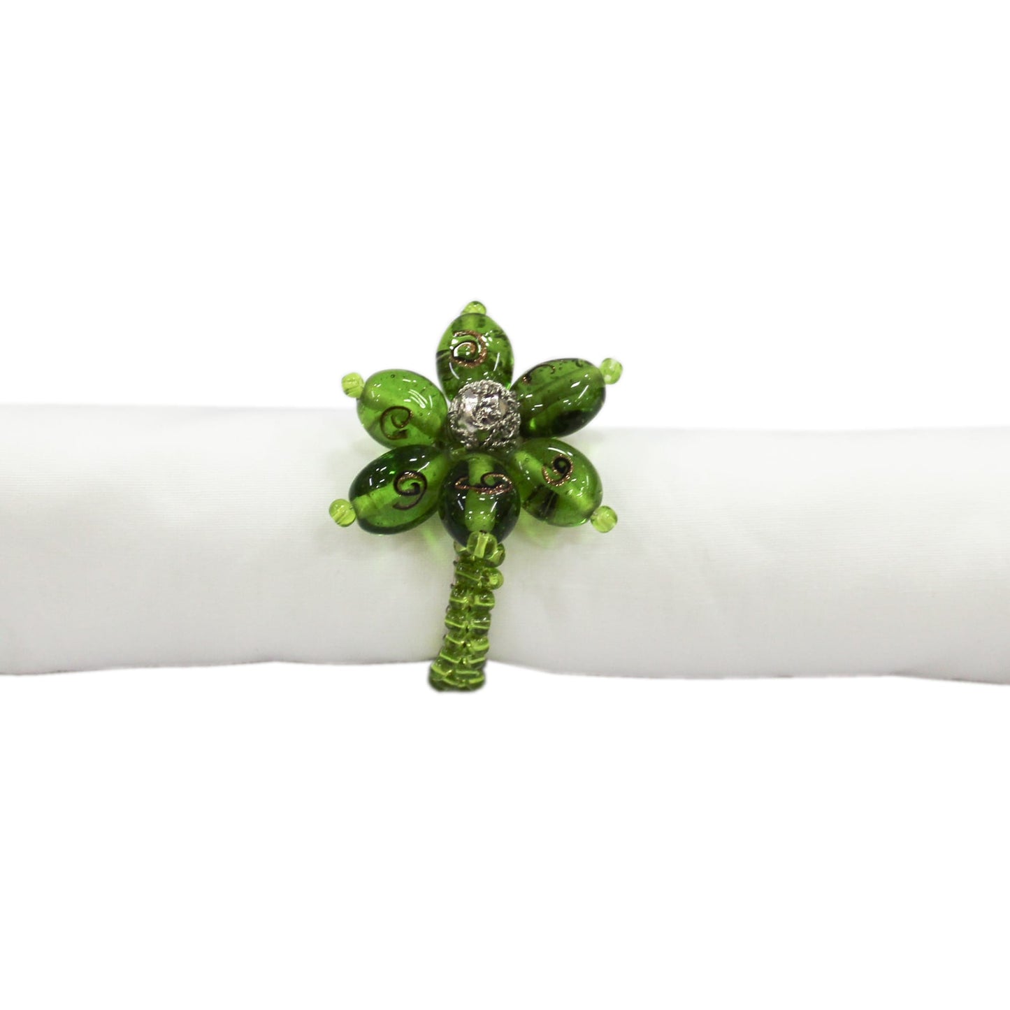 Flower Shaped Green Beaded Napkin Rings for Dining Table(Set of 4)