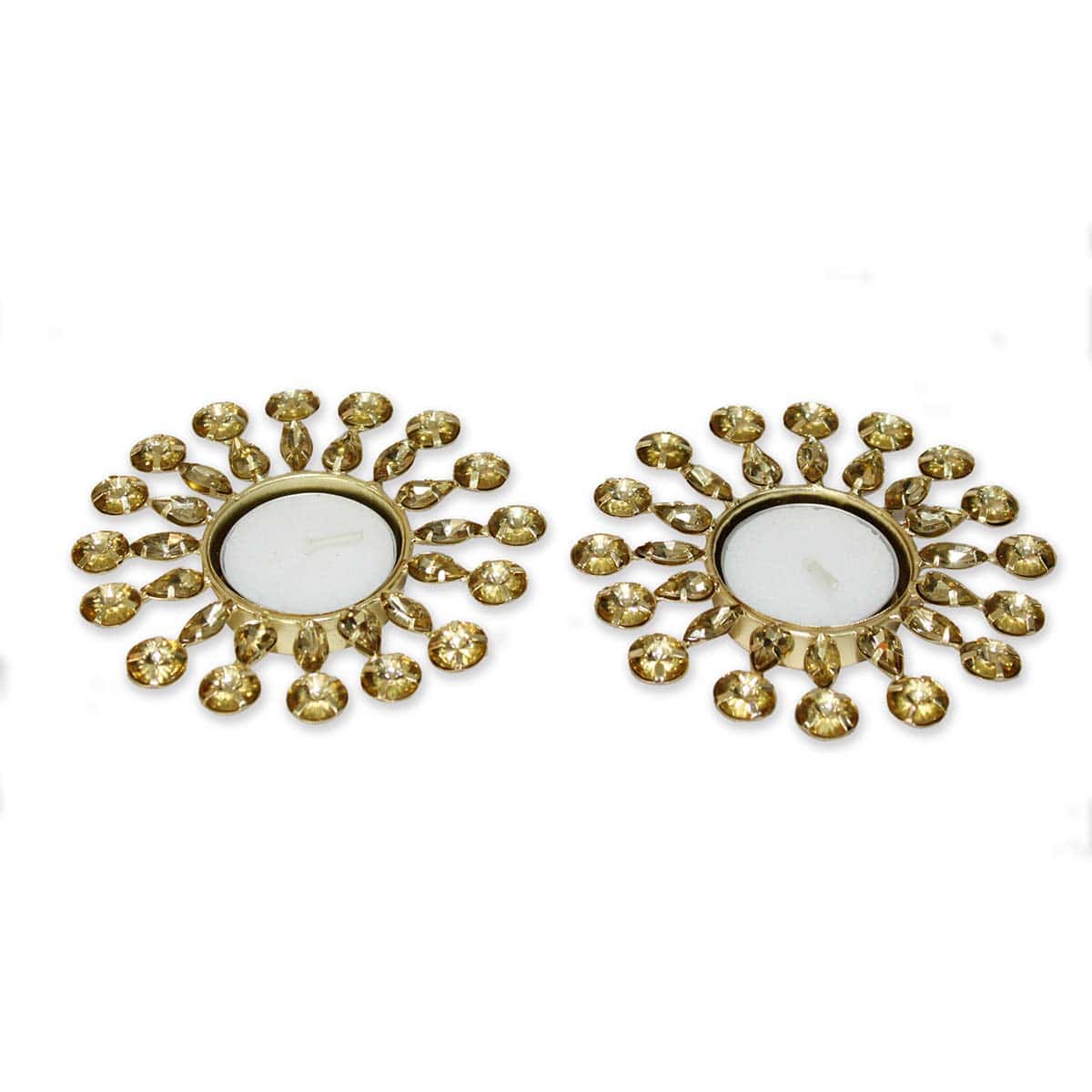 Unique Golden Jewelled T-Light Holder For Diwali Pooja & Decoration(Set of 2)