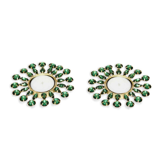 Green Jewelled T-Light Holder For Diwali Pooja & Decoration(Set of 2)