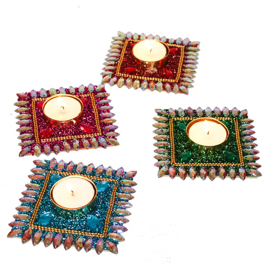 Multicolour Beaded / Jewelled T-Light Holder For Diwali Pooja & Decoration(Set of 4)