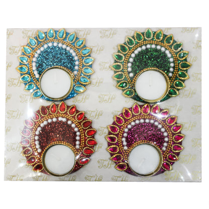 Multicolour Beaded / Jewelled Peacock Design T-Light Holder For Diwali Pooja & Decoration(Set of 4)