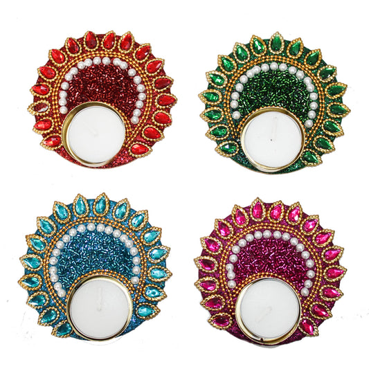 Multicolour Beaded / Jewelled Peacock Design T-Light Holder For Diwali Pooja & Decoration(Set of 4)