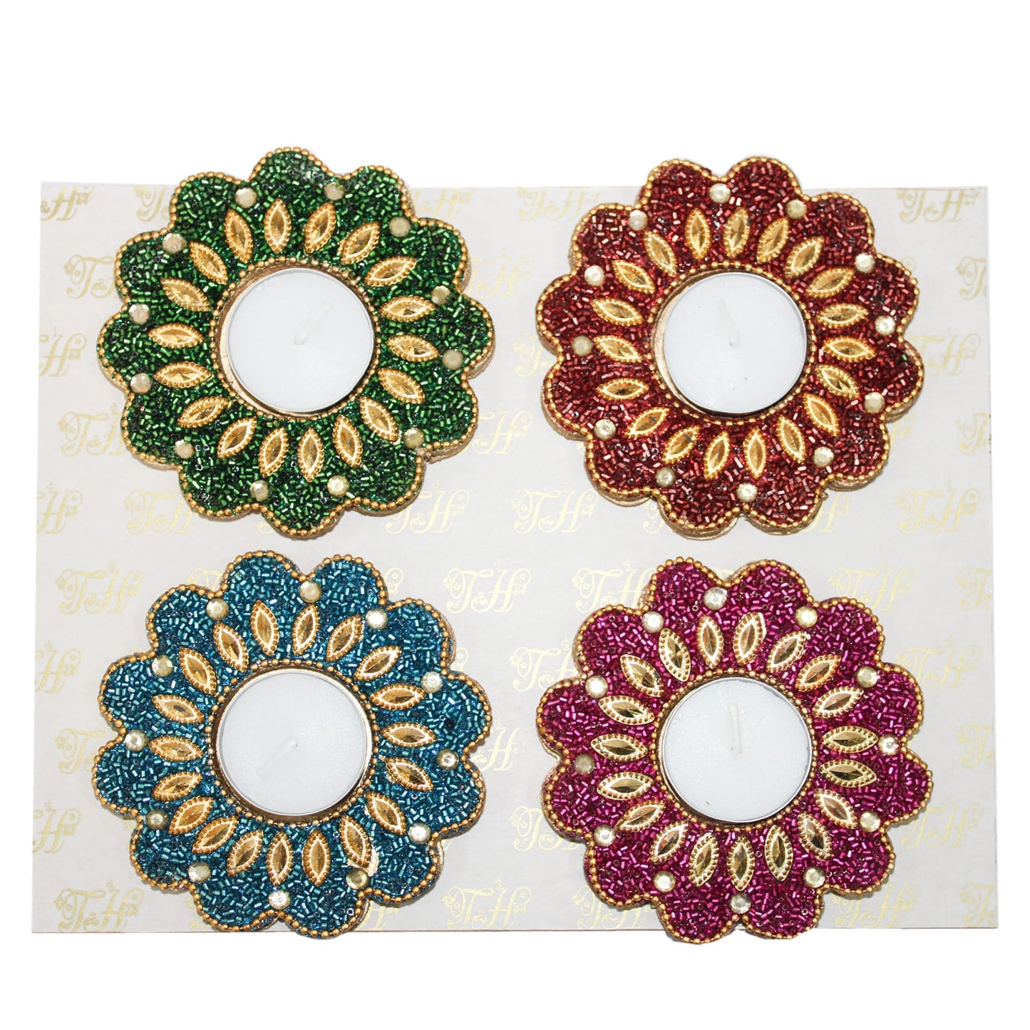 Multicolour Beaded / Jewelled Flower Shaped T-Light Holder For Diwali Pooja & Decoration(Set of 4)