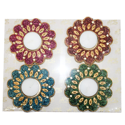 Multicolour Beaded / Jewelled Flower Shaped T-Light Holder For Diwali Pooja & Decoration(Set of 4)