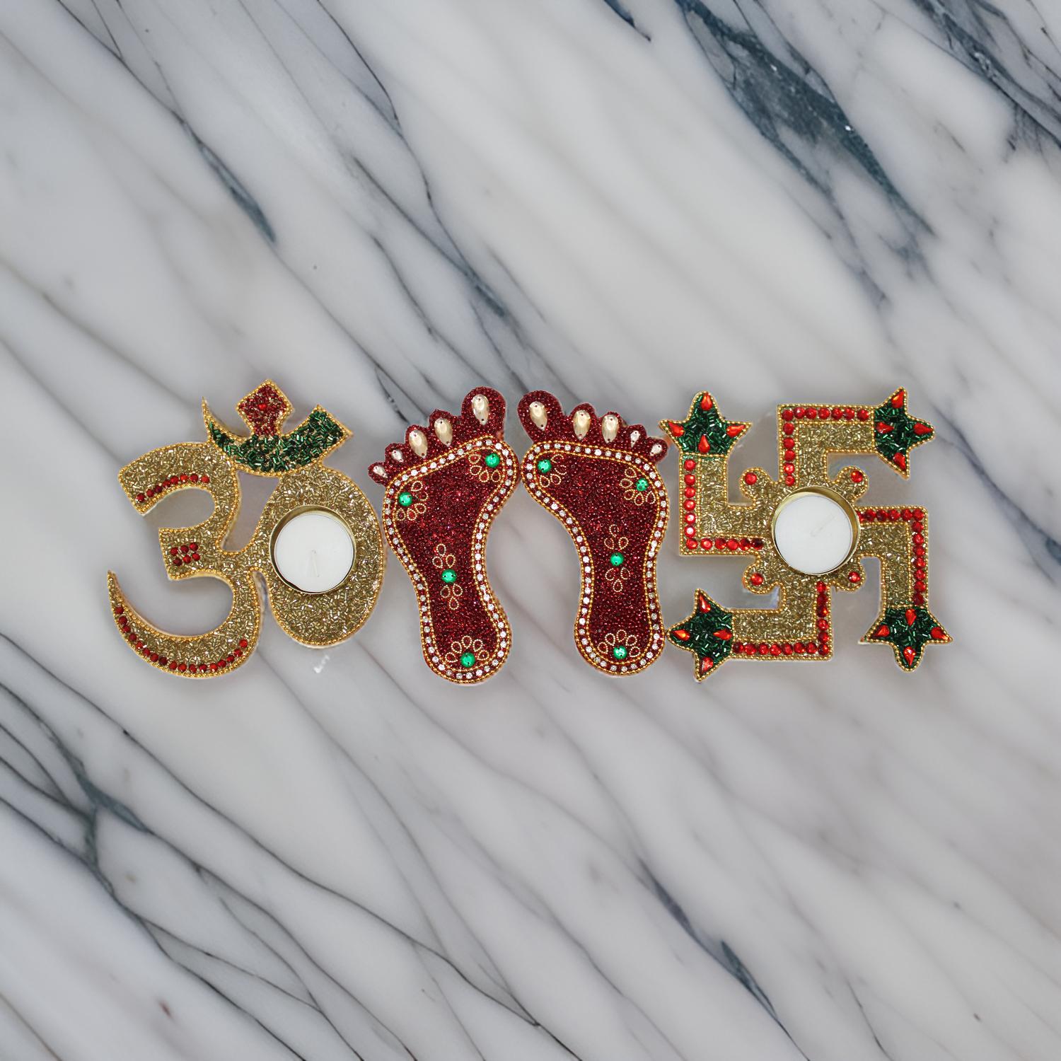 Laxmi Ji Charan Paduka with Om Swastik Diya