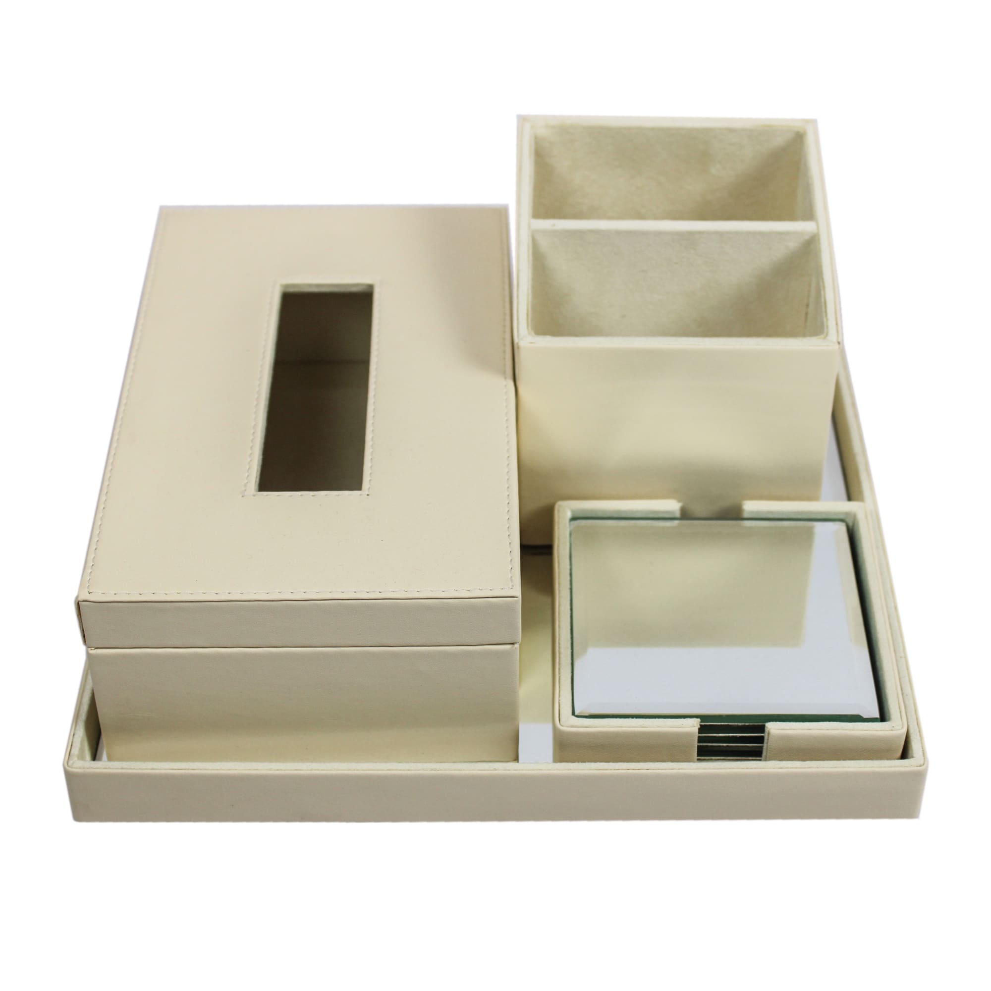 Elegant Ivory Faux Leather Desk Organizer Set with Tissue Box, Coaster set and Utility Tray