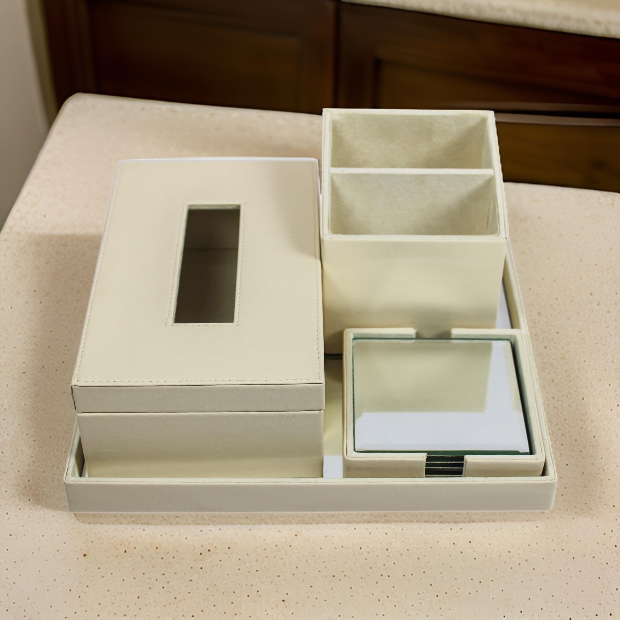  Elegant Ivory Faux Leather Desk Organizer Set with Tissue Box, Coaster set and Utility Tray 