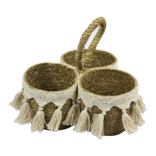 3 Slots Sea Grass Basket With Thread Tassels