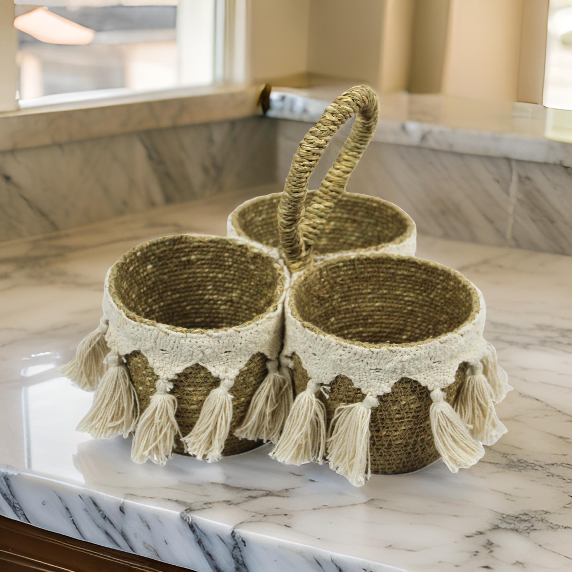 3 Slots Sea Grass Basket With Thread Tassels