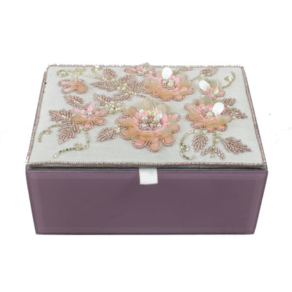 Floral Embroidered Storage Box with Tray & Glass