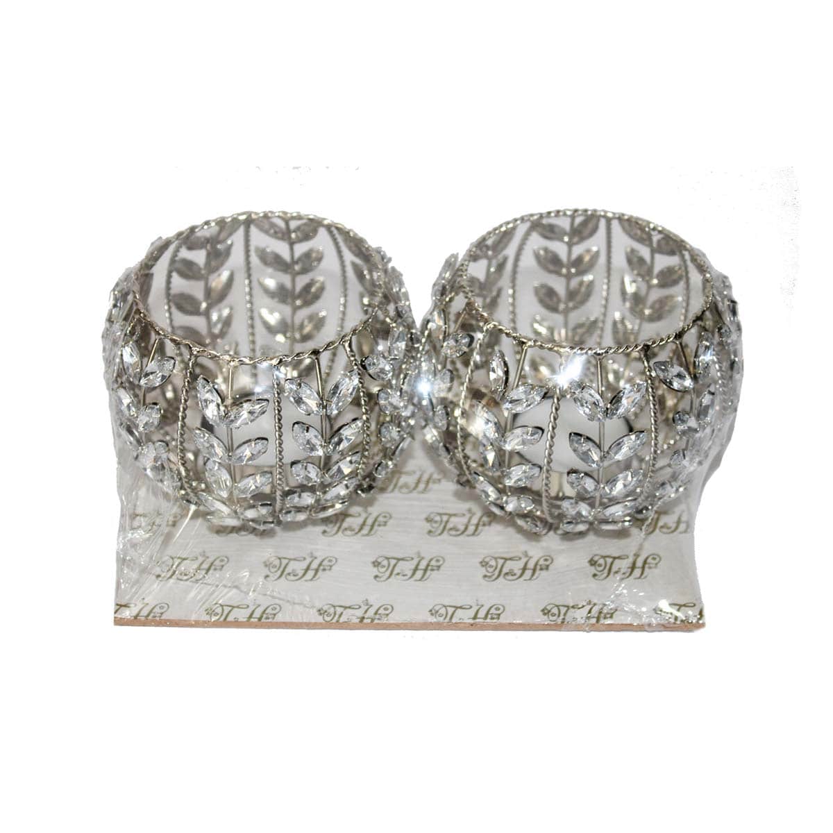 Unique Silver Jewelled T-Lite Holder for Diwali Pooja & Decoration (Set of 2)