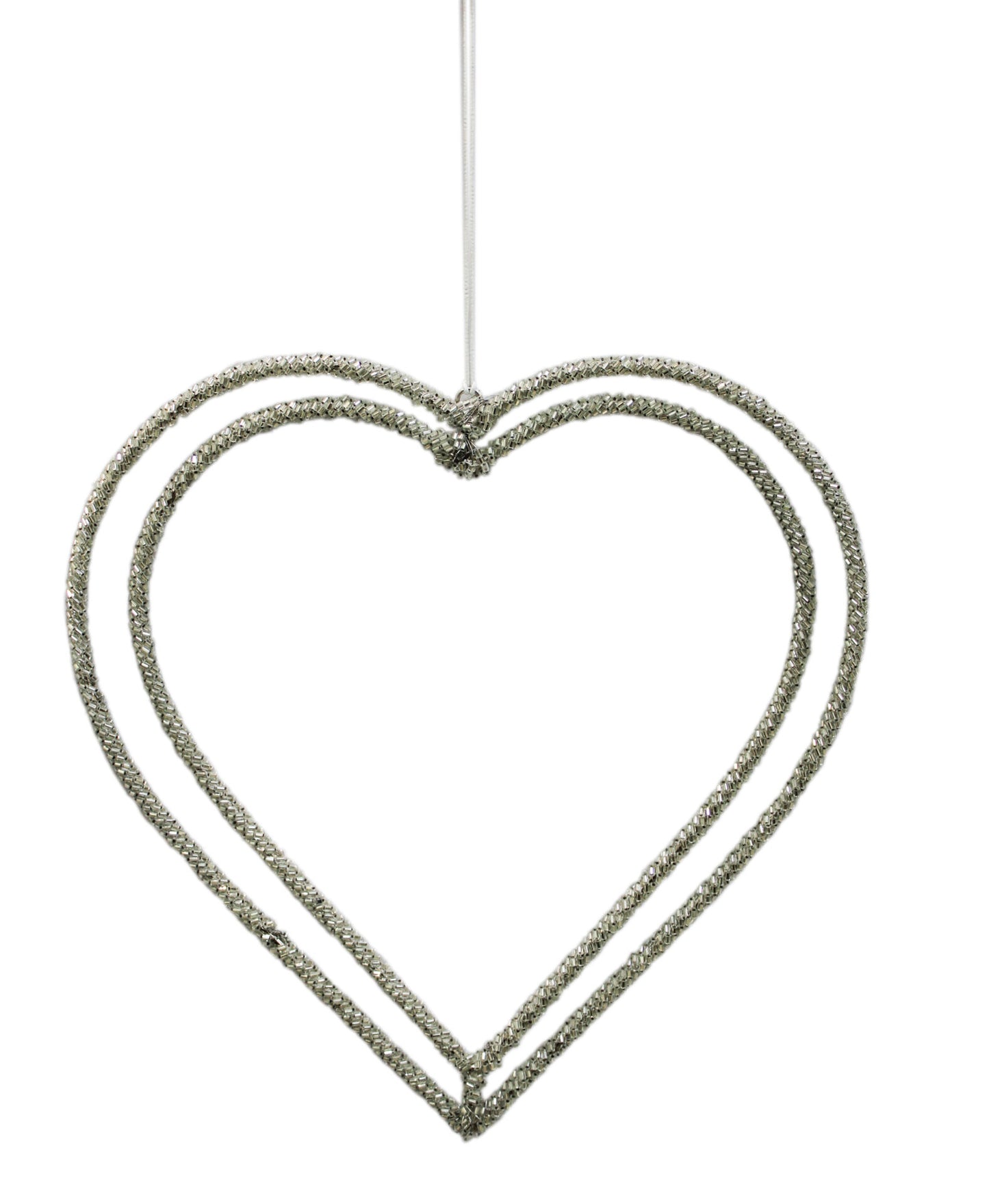 Silver Beaded Double Heart Shaped Christmas Hanging Ornament