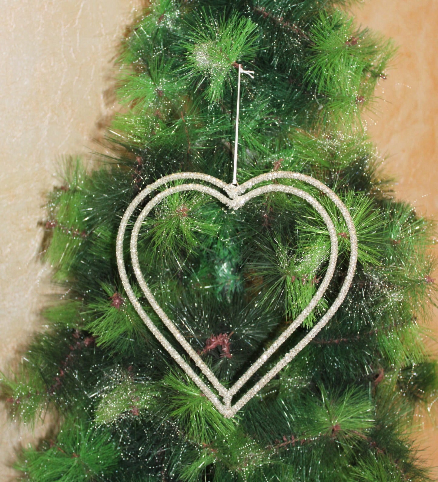 Silver Beaded Double Heart Shaped Christmas Hanging Ornament