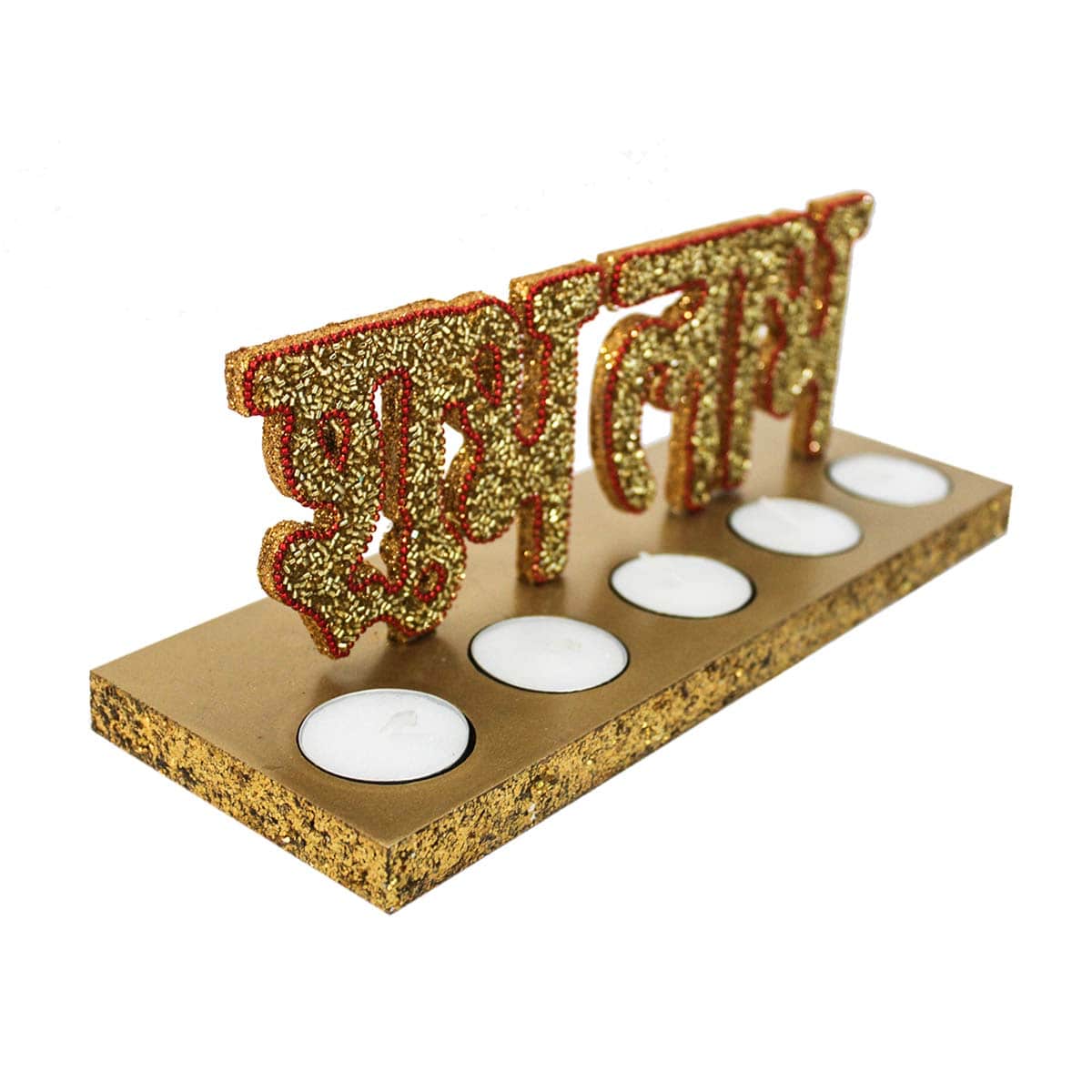 Golden Beaded "Shubh Labh" Tabletop with T-light Holder For Diwali Pooja & Decoration