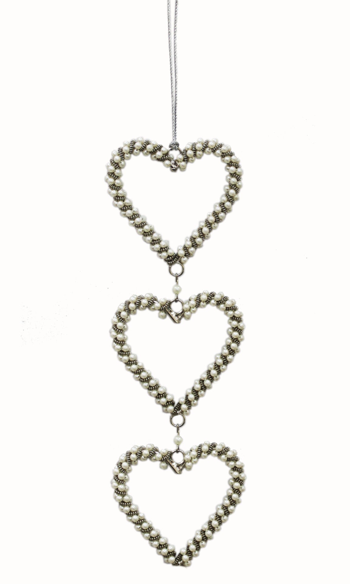 Set of 3 Beaded Triple Heart Ornament for Christmas Tree Decoration