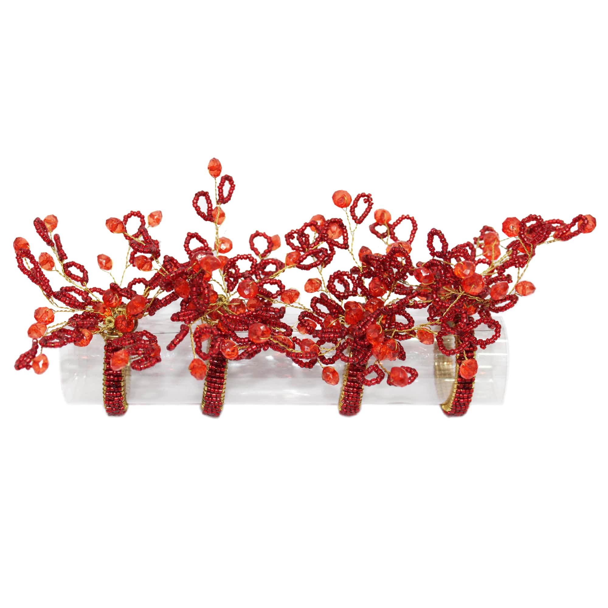 Flower Shaped Red Beaded Napkin Rings for Dining Table Set of  Four