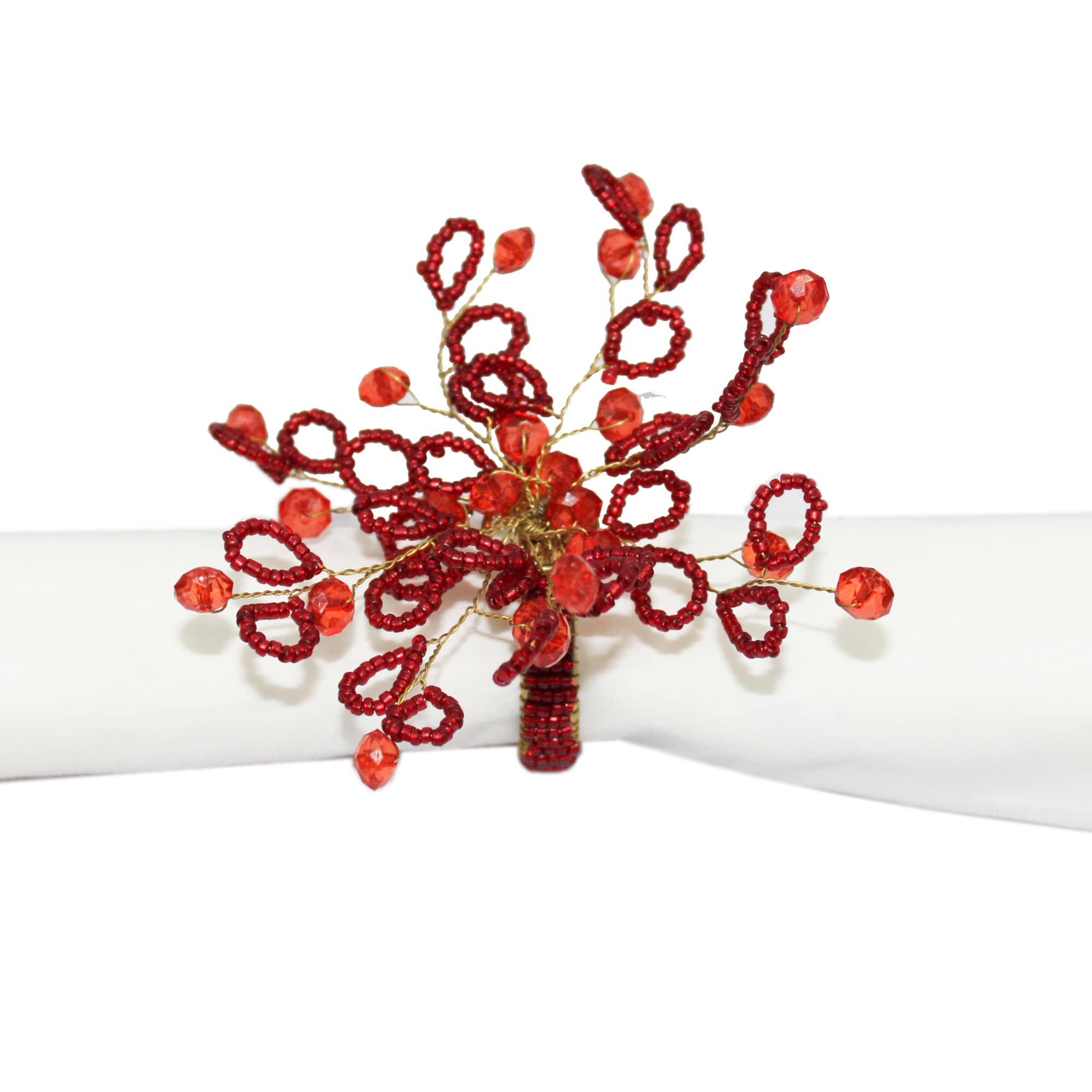 Flower Shaped Red Beaded Napkin Rings for Dining Table Set of  Four