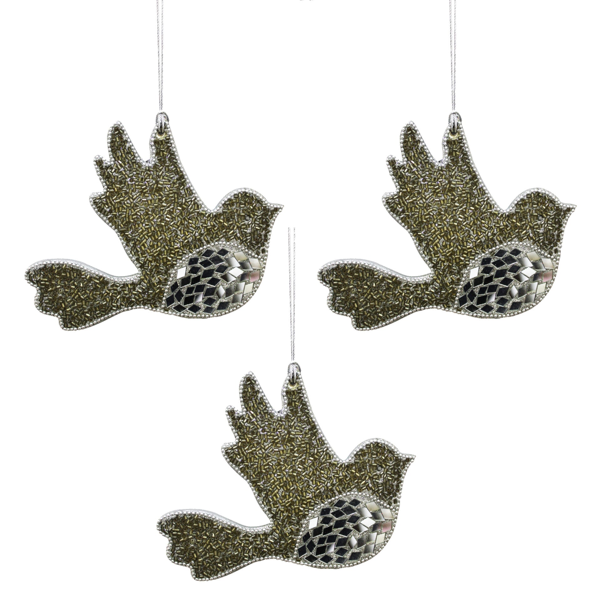 Set of 3 Beaded "BIRD" Shaped Christmas Tree Hanging Ornaments