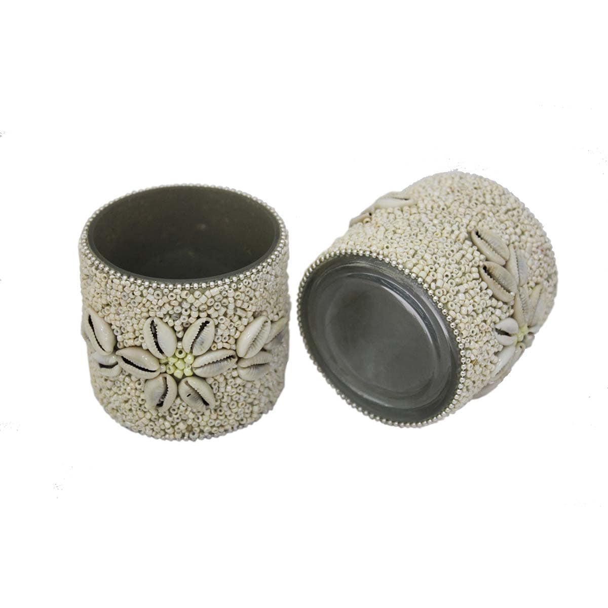 Beige Glass Bead & Cowrie Shells Votive T-Lite Holder For Diwali Pooja & Decoration(Set of 2)