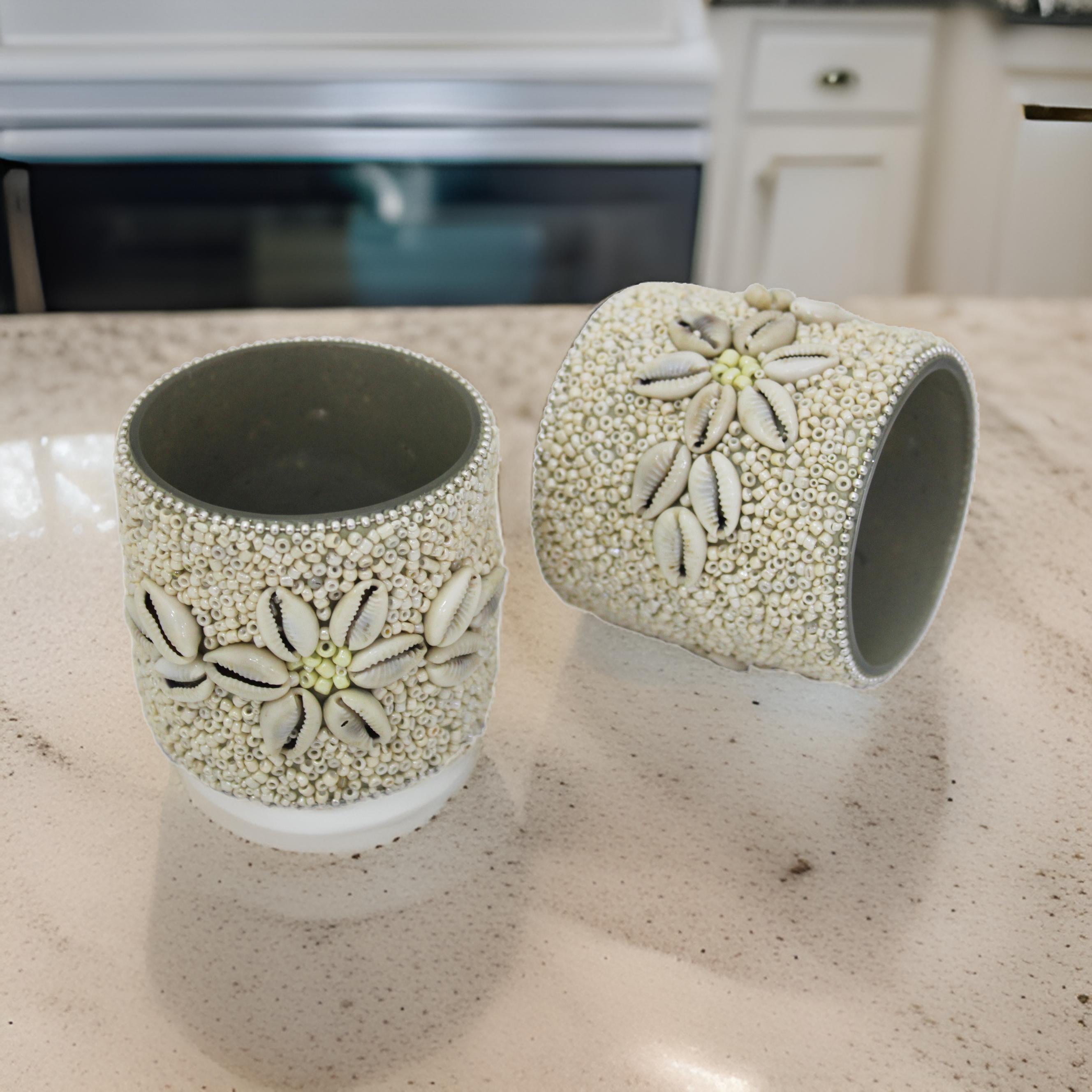 Beige Glass Bead & Cowrie Shells Votive T-Lite Holder For Diwali Pooja & Decoration(Set of 2)