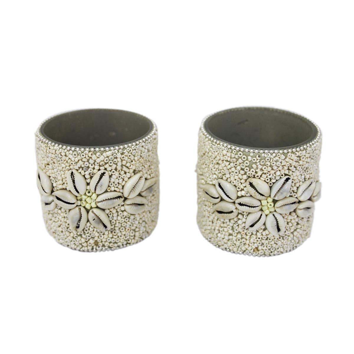 Beige Glass Bead & Cowrie Shells Votive T-Lite Holder For Diwali Pooja & Decoration(Set of 2)