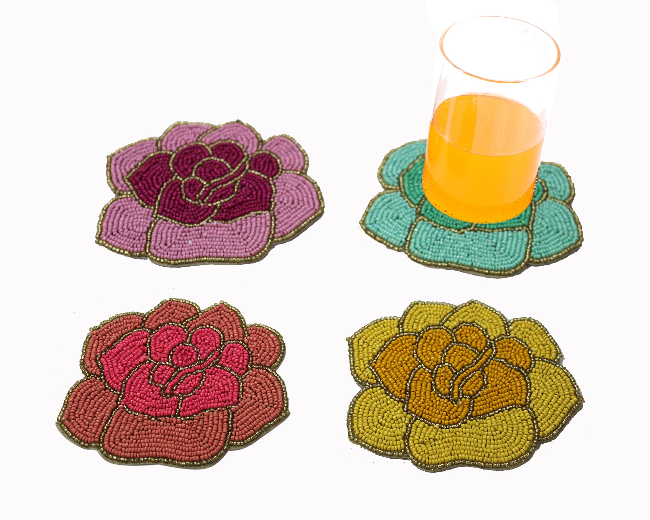 Flower Shaped Multicolored Beaded Coasters Set of Four