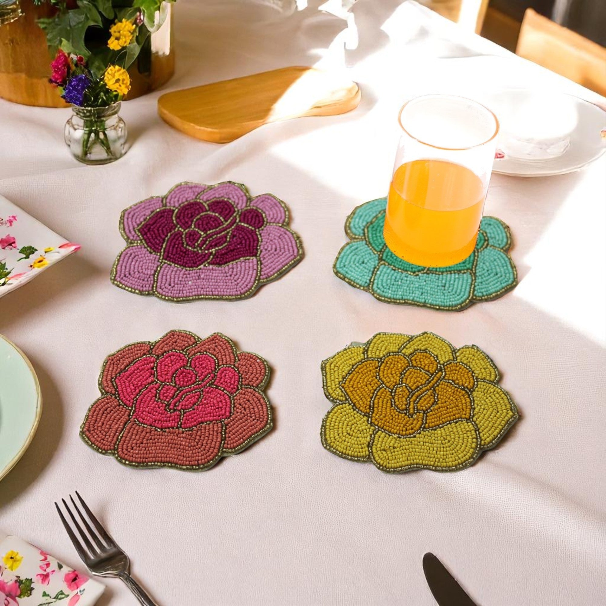 Flower Shaped Multicolored Beaded Coasters Set of Four