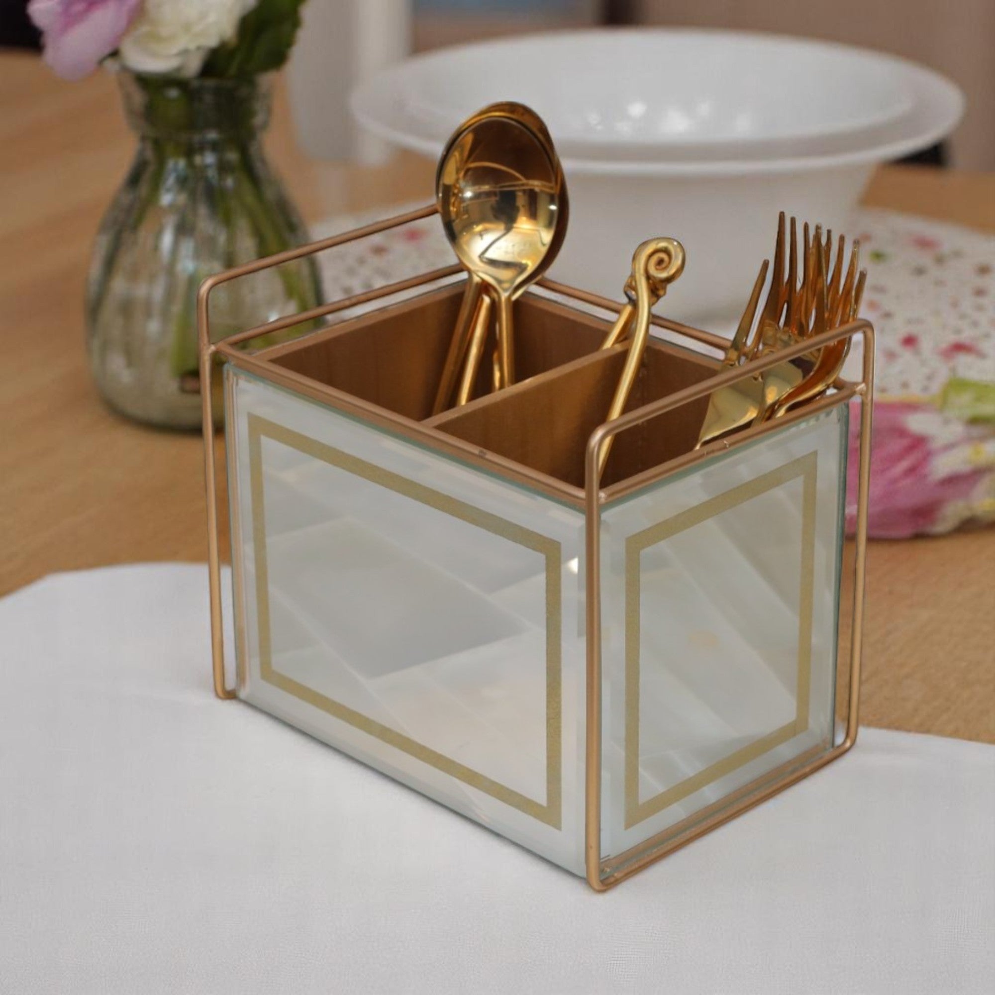 Designer Glass Cutlery Holder With Two Partition